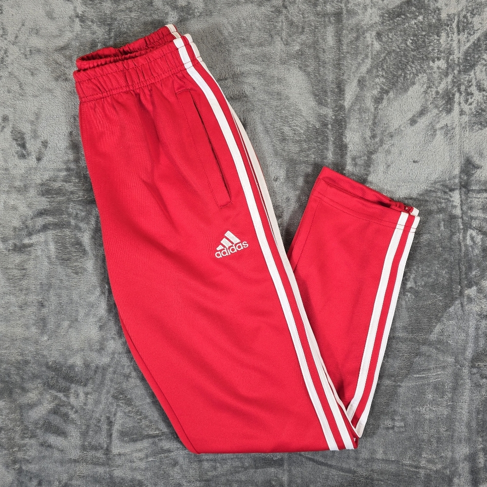 Adidas Men's Red Joggers with White Stripes